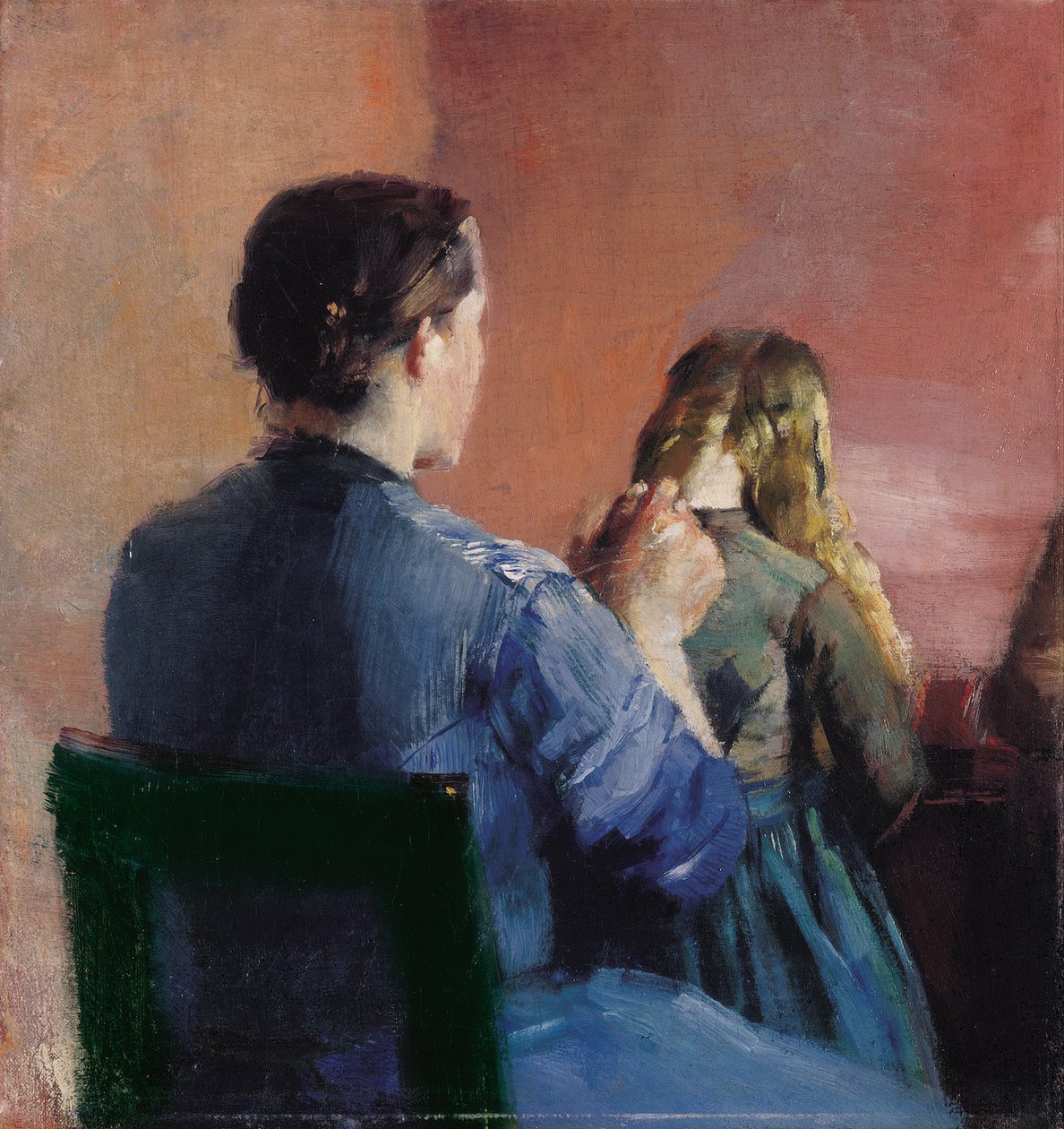 Uma mãe a pentear o cabelo da sua filha pequena de Christian Krohg