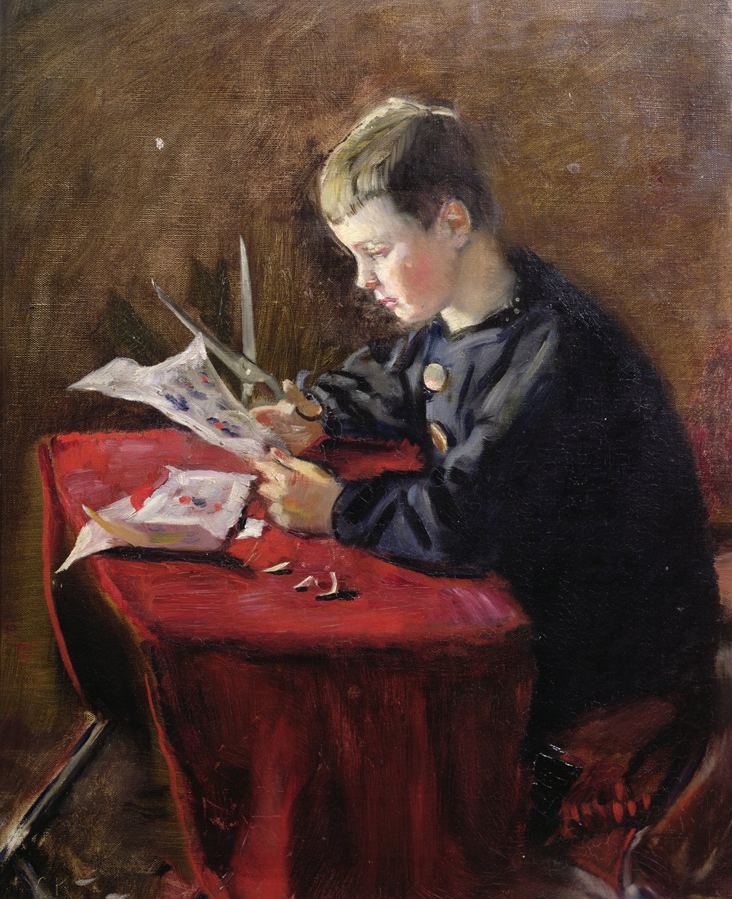 Menino cortando enfeites de natal de Christian Krohg