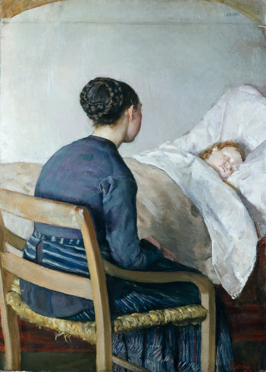 Mãe à cabeceira do seu filho doente de Christian Krohg