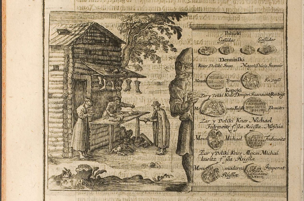 Dinheiro e comércio de Moscovo Ilustração de Viagens para o Grão-Duque de Moscovo e o Rei de de Christian Lorenzen Rothgiesser