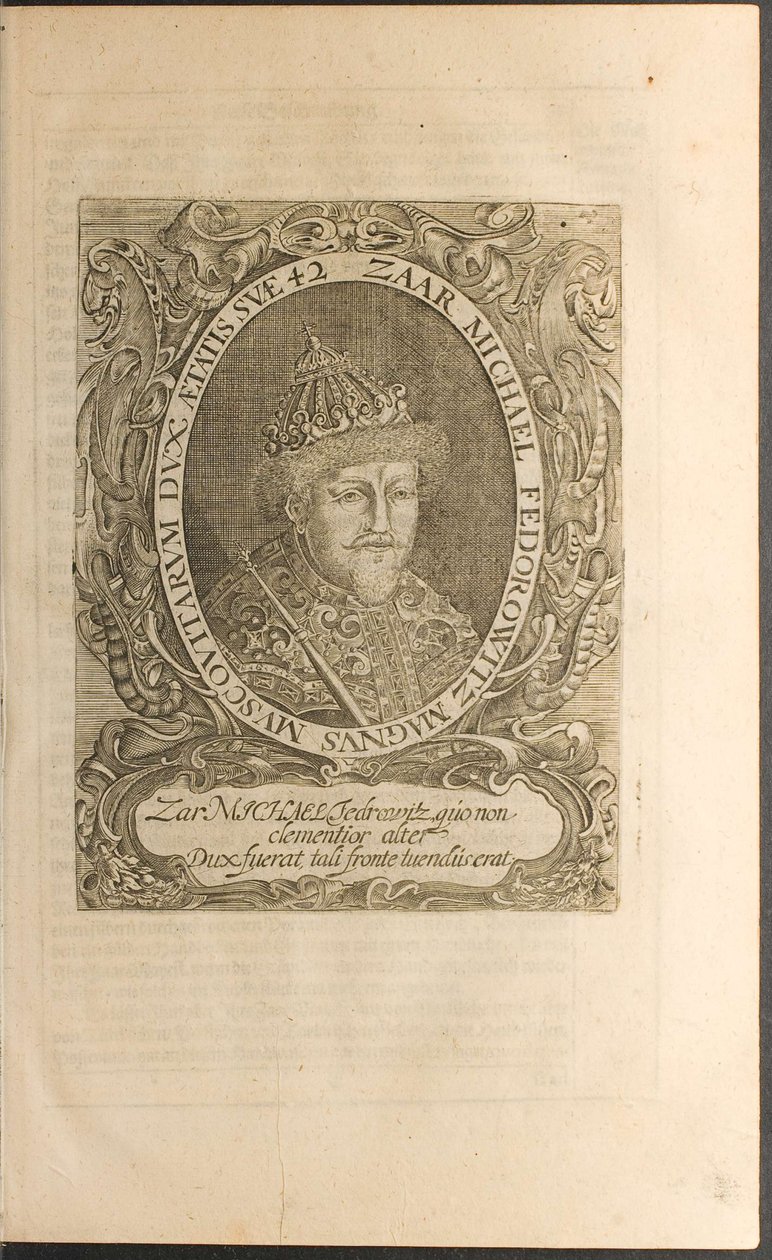 Retrato do czar Michail I Fyodorovich Ilustração das Viagens ao Grão-Duque de Moscovo de Christian Lorenzen Rothgiesser