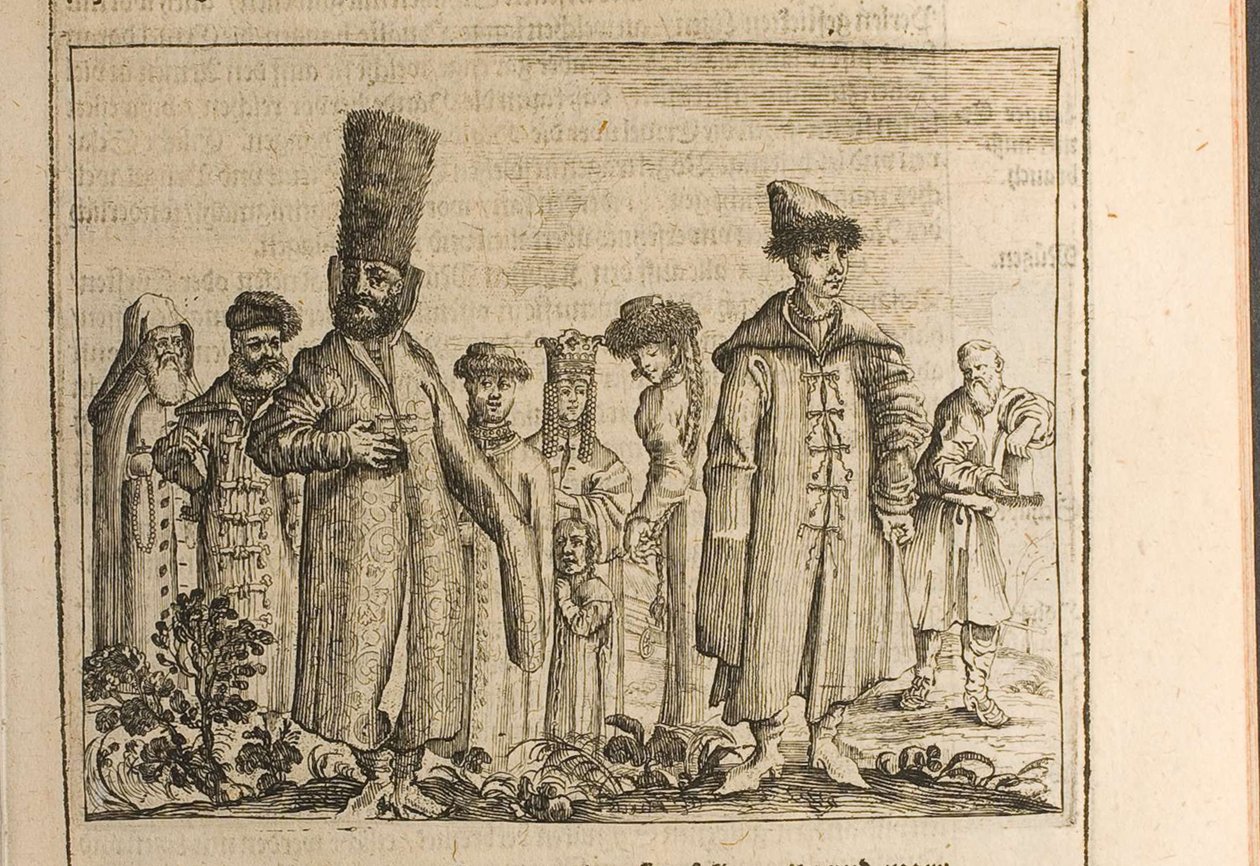 Traje tradicional dos moscovitas Ilustração de Travels to the Great Duke of Muscovy and the Kin de Christian Lorenzen Rothgiesser