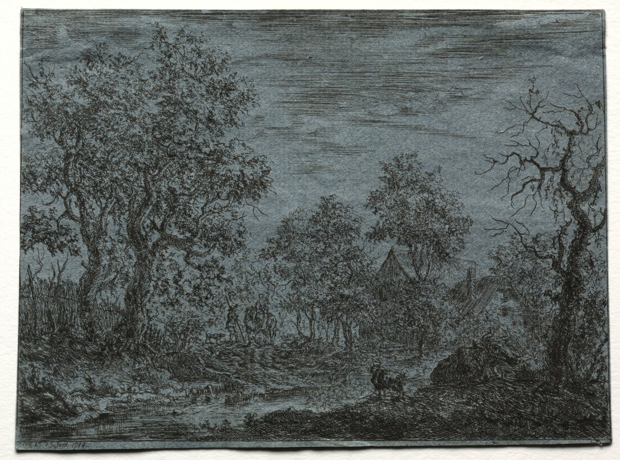 Um rio pequeno no primeiro plano com uma vaca e uma cabra, 1744. de Christian Ludwig von Hagedorn