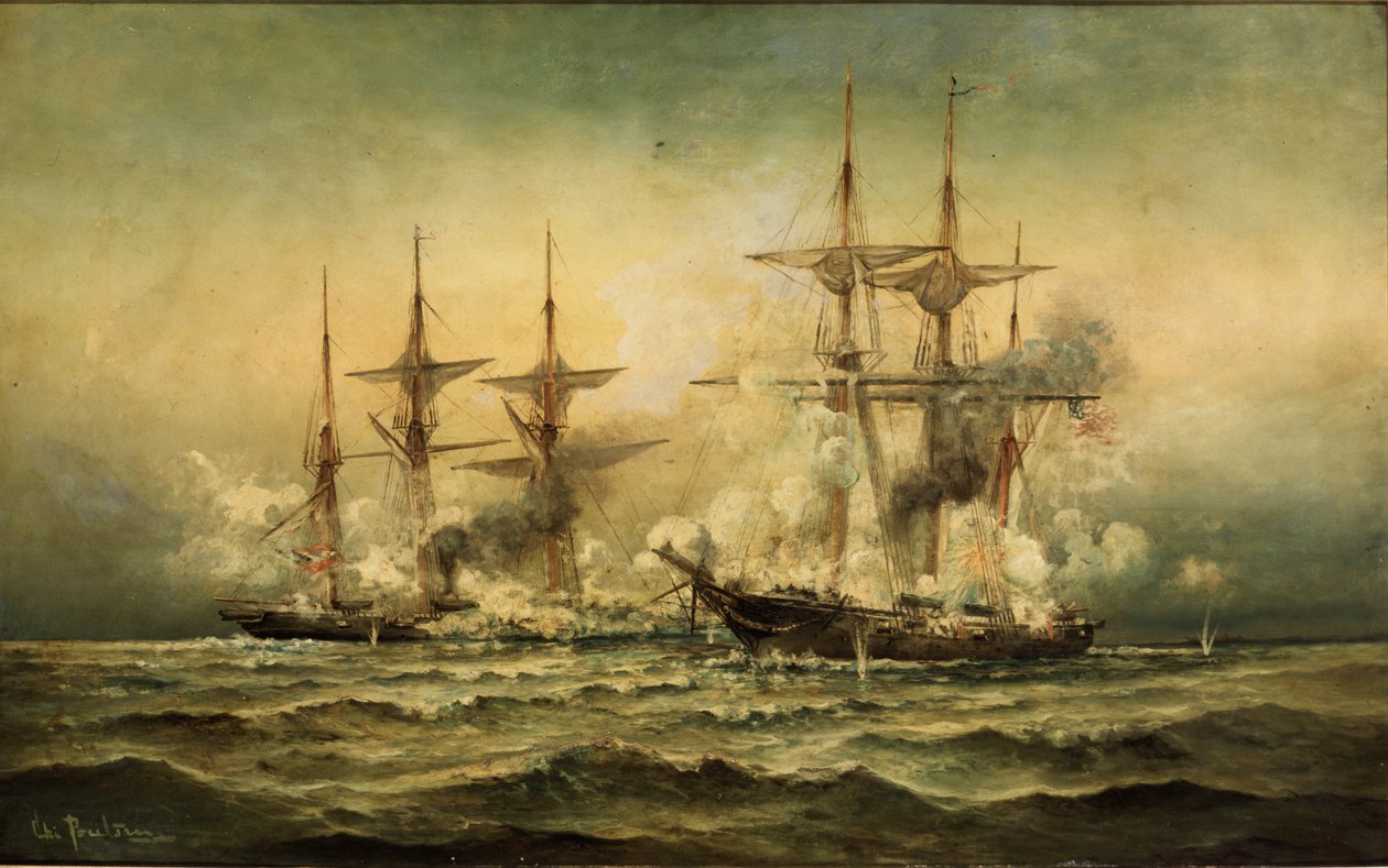 Kearsarge e Alabama fora do porto de Cherbourg na França, 19 de junho de 1864, c.1870 de Christian Poulsen
