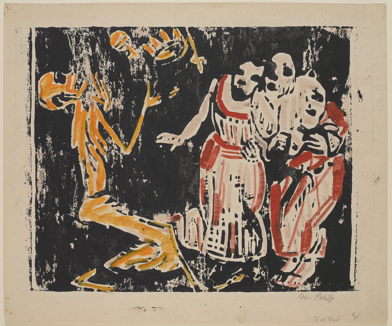 Morte como malabarista (Revolução) (Tod als Jongleur [Revolução]), 1918-19 (xilogravura a cores em amarelo, vermelho e preto em papel pesado) de Christian Rohlfs