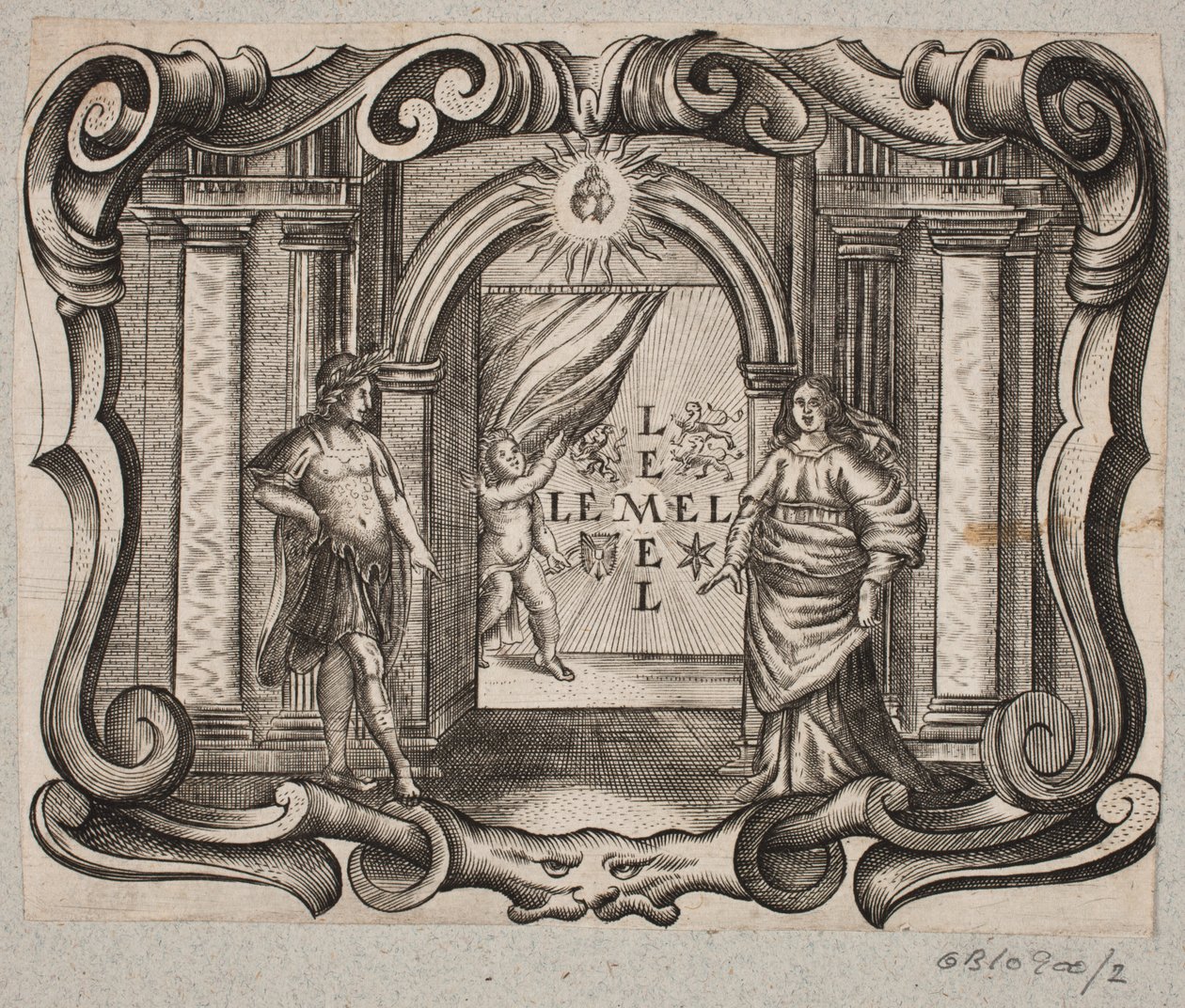 Emblema com portal, homem e mulher, cupido e dois corações ardentes de Christian Rothgiesser