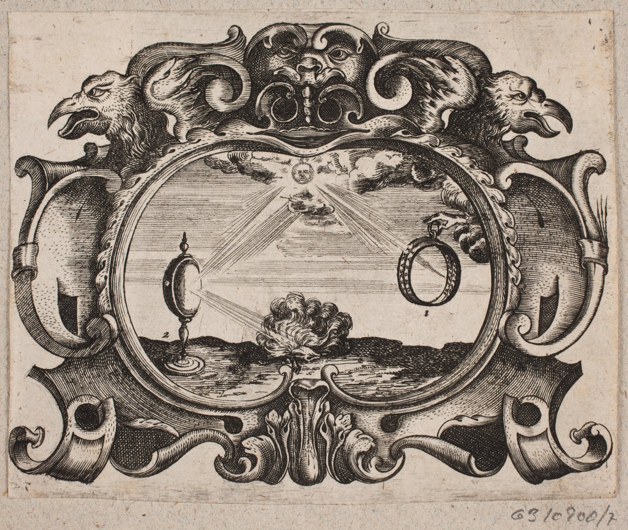 Emblema com sol irradiando através de um anel e através de um vidro em chamas para acender um fogo de Christian Rothgiesser