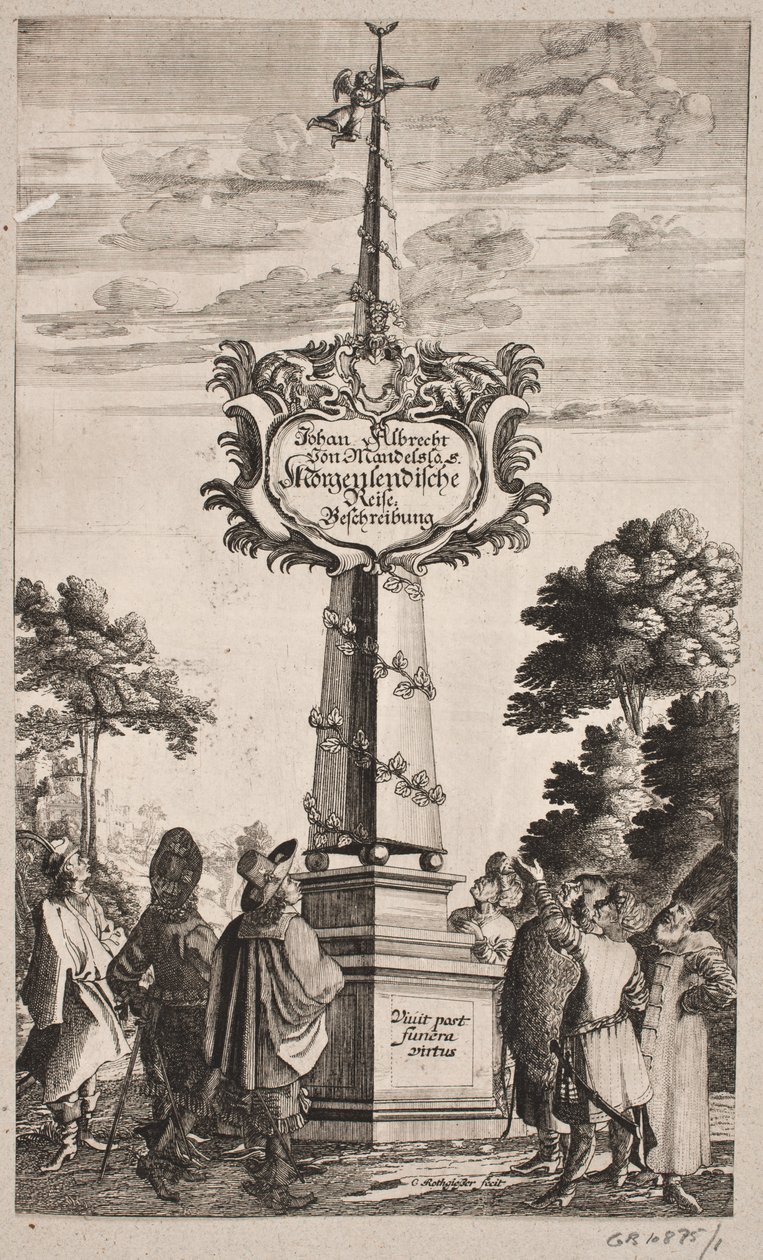 Página de rosto para Johann Albrecht Mandelslo, "Descrição de viagem oriental [...], Schleswig 1668 de Christian Rothgiesser