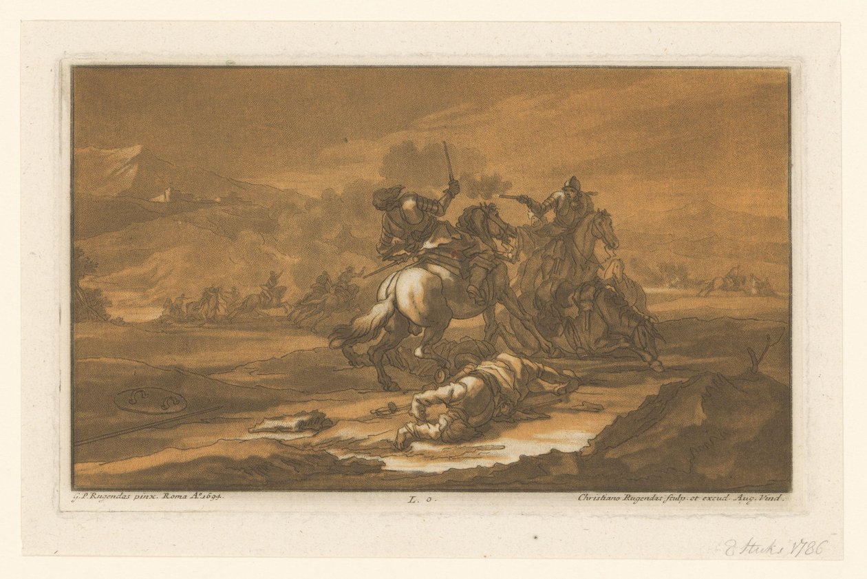 Batalha entre cavaleiros em armadura Cavaleiros, Cavalos e Batalhas (título da série) de Christian Rugendas