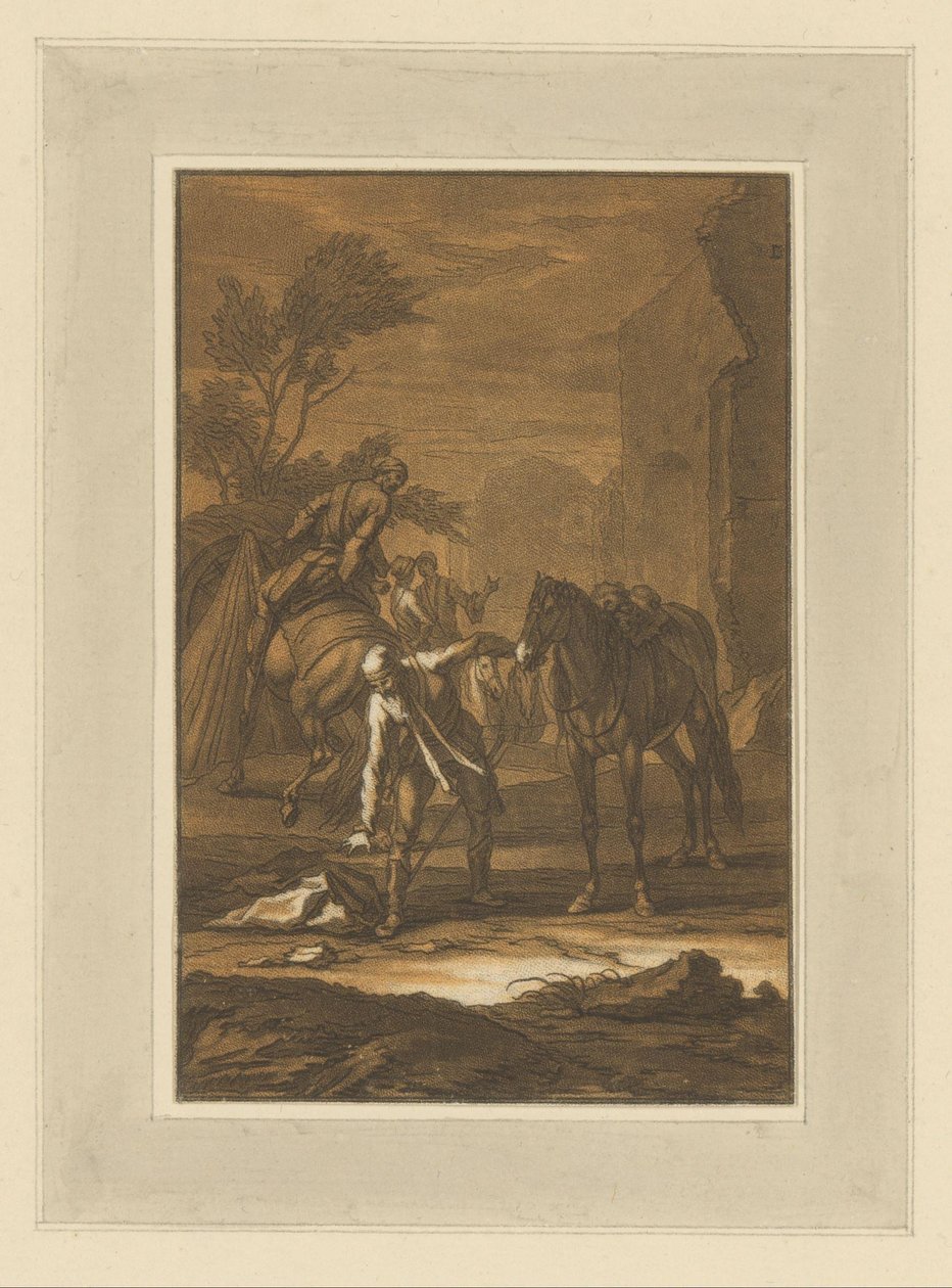 O homem ao lado do cavalo pára para apanhar algo do chão
Cavaleiros, cavalos e batalhas (título da série) de Christian Rugendas