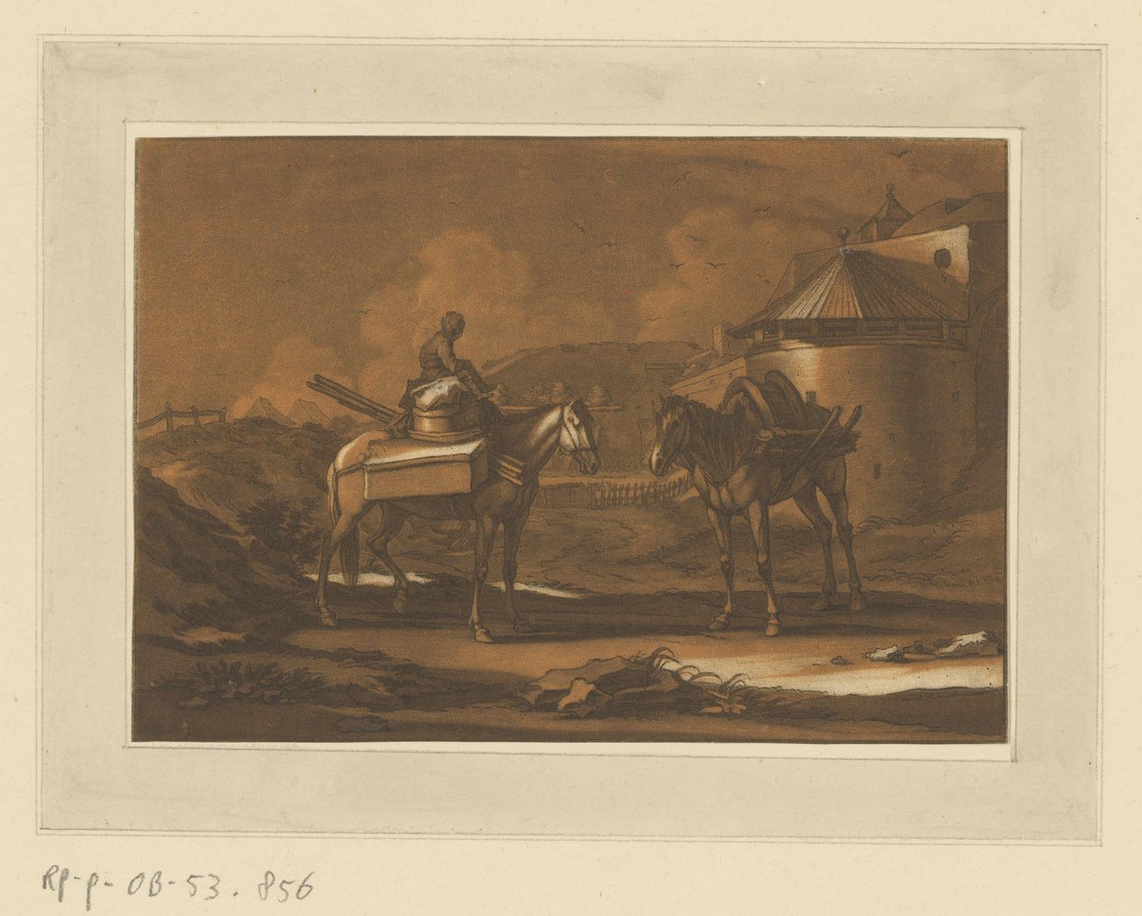 Dois cavalos embalados fora da muralha da cidade, em um deles uma criança sentada
Cavaleiros, cavalos e batalhas (título da série) de Christian Rugendas