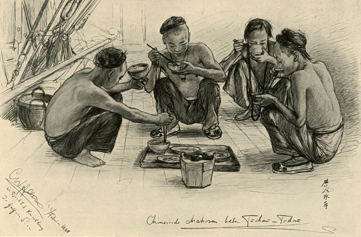 Tripulantes chineses comendo a bordo do 
