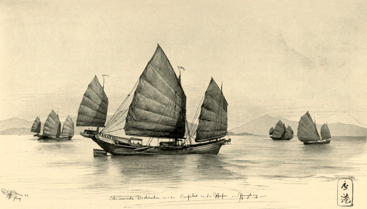 Juncos chineses na entrada do porto de Hong Kong, 1898. de Christian Wilhelm Allers