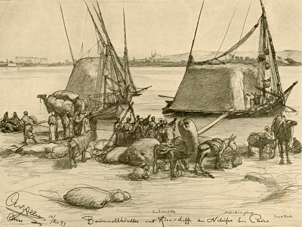 Carregando algodão em barcos de grãos, Rio Nilo, Cairo, Egito, 1898. de Christian Wilhelm Allers