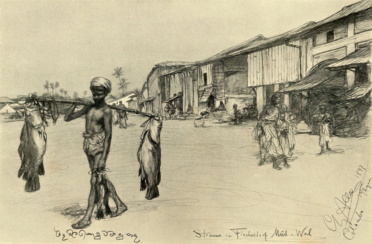 Cena de rua em uma vila de pescadores, Mutwal, Ceilão, 1898. de Christian Wilhelm Allers
