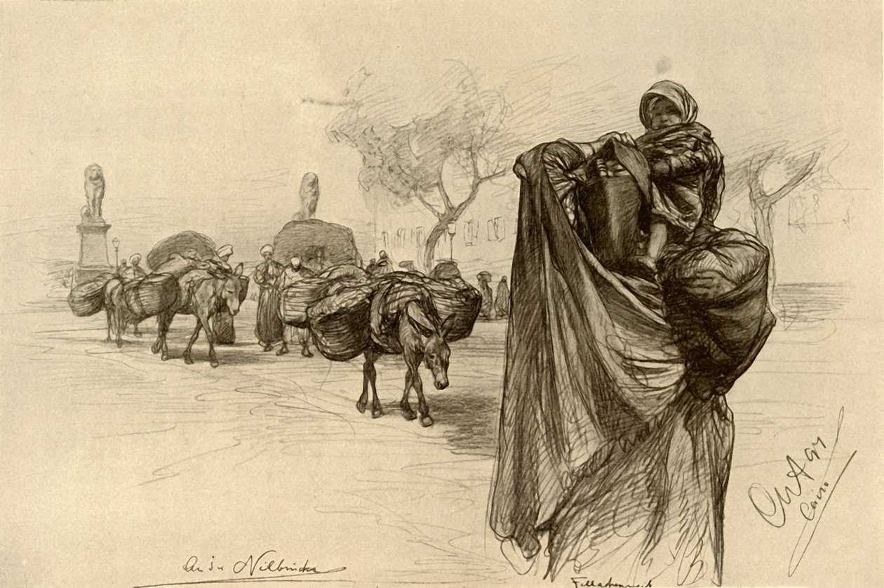 Mulher e criança perto da ponte Kobri el Gezira, Cairo, 1898. de Christian Wilhelm Allers