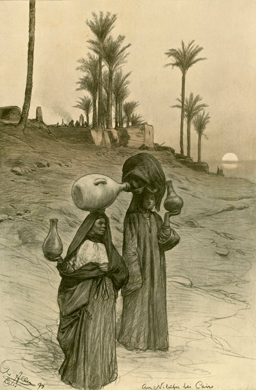 Mulheres carregando potes de água nas margens do Nilo, Cairo, Egito, 1898. de Christian Wilhelm Allers