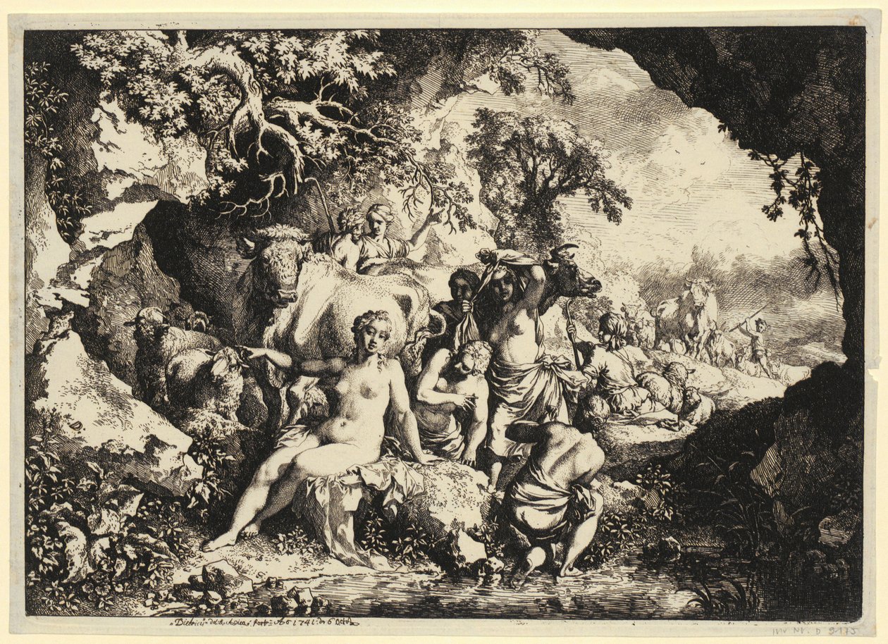 Ninfas a banhar-se numa gruta rochosa de Christian Wilhelm Ernst Dietrich