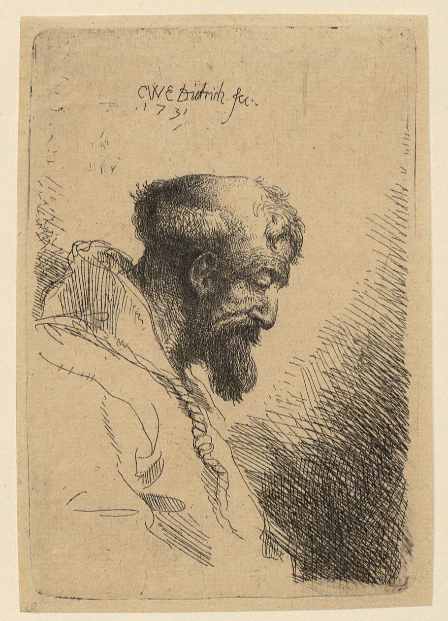 Retrato de busto de um franciscano com a cabeça baixa, de perfil para a direita de Christian Wilhelm Ernst Dietrich