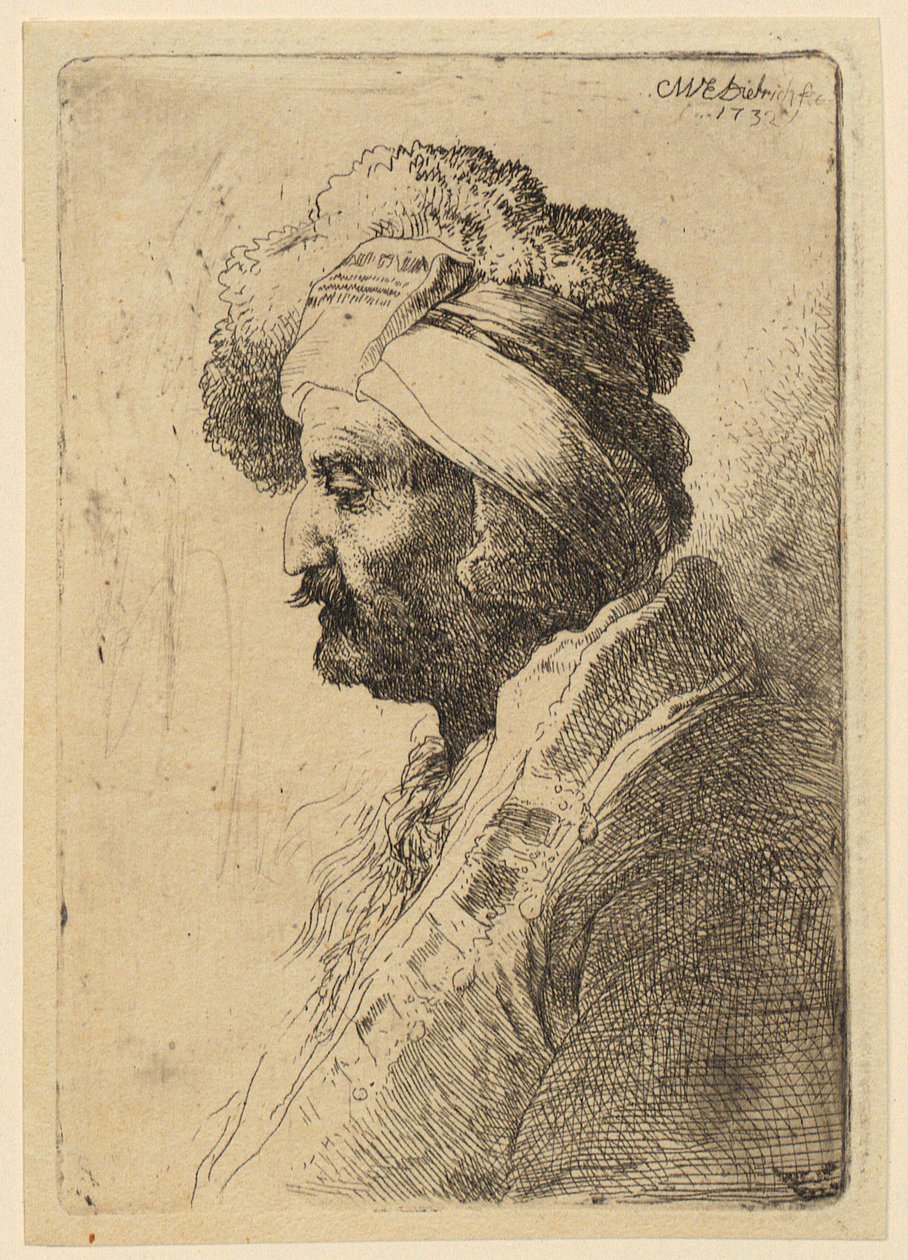 Retrato de busto de um homem com cobertura de cabeça, de perfil para a esquerda de Christian Wilhelm Ernst Dietrich