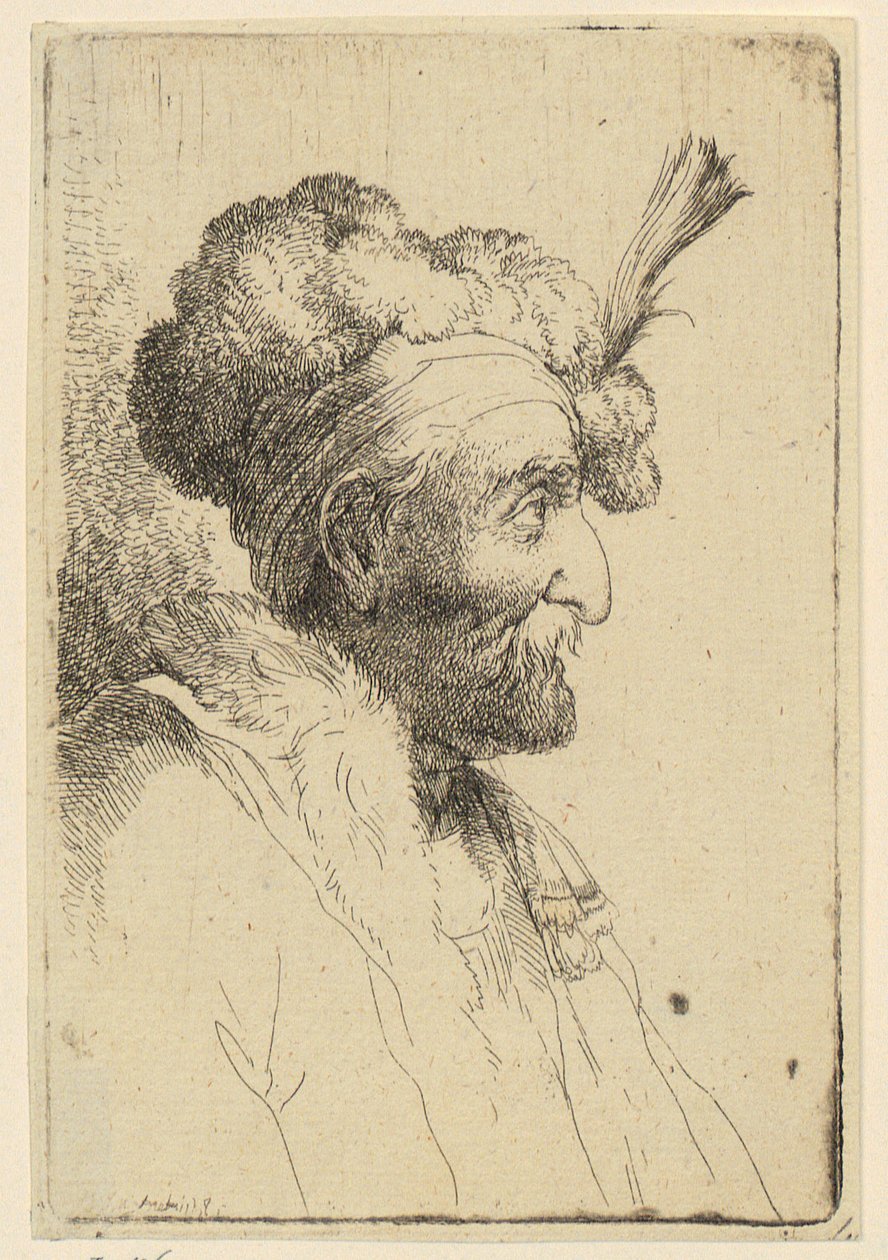 Retrato de busto de um homem com gorro de pele e bigode, de perfil para a direita de Christian Wilhelm Ernst Dietrich