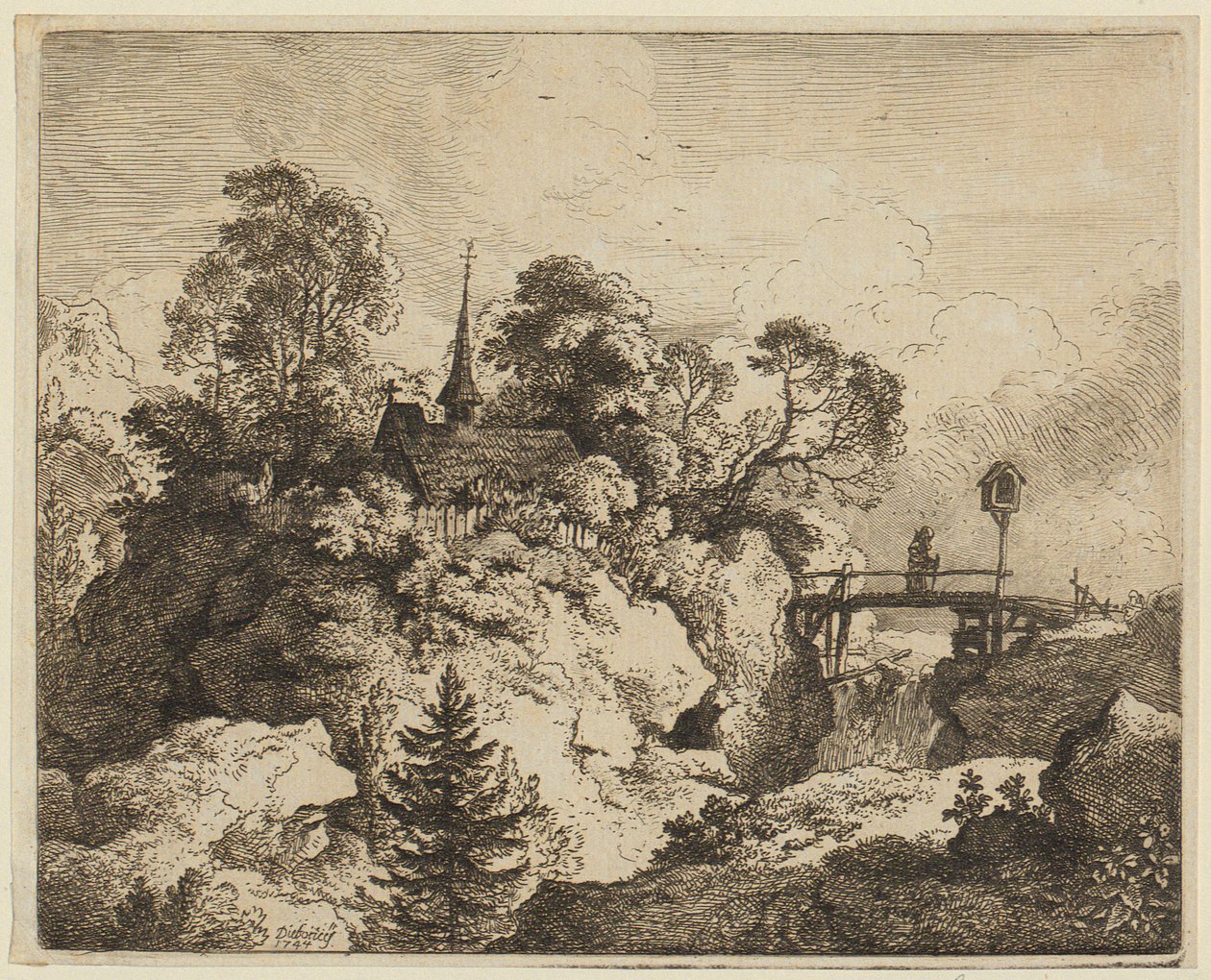 Uma paisagem com um eremita numa ponte [O eremita na ponte] de Christian Wilhelm Ernst Dietrich