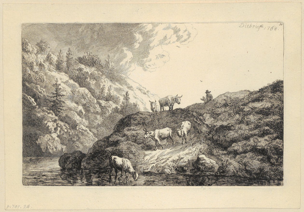 Uma manada de animais junto ao rio [Bois levados ao bebedouro] de Christian Wilhelm Ernst Dietrich