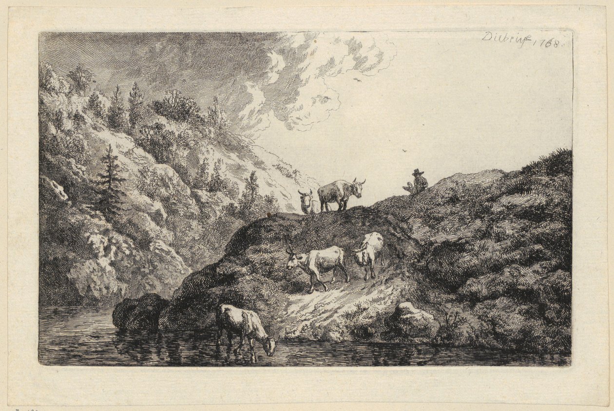 Uma manada de animais junto ao rio [Bois conduzidos ao bebedouro] de Christian Wilhelm Ernst Dietrich