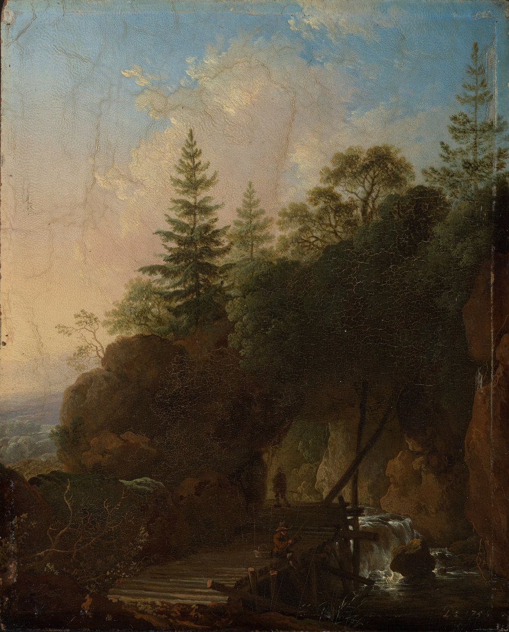 Paisagem montanhosa com cascata e ponte de madeira de Christian Wilhelm Ernst Dietrich