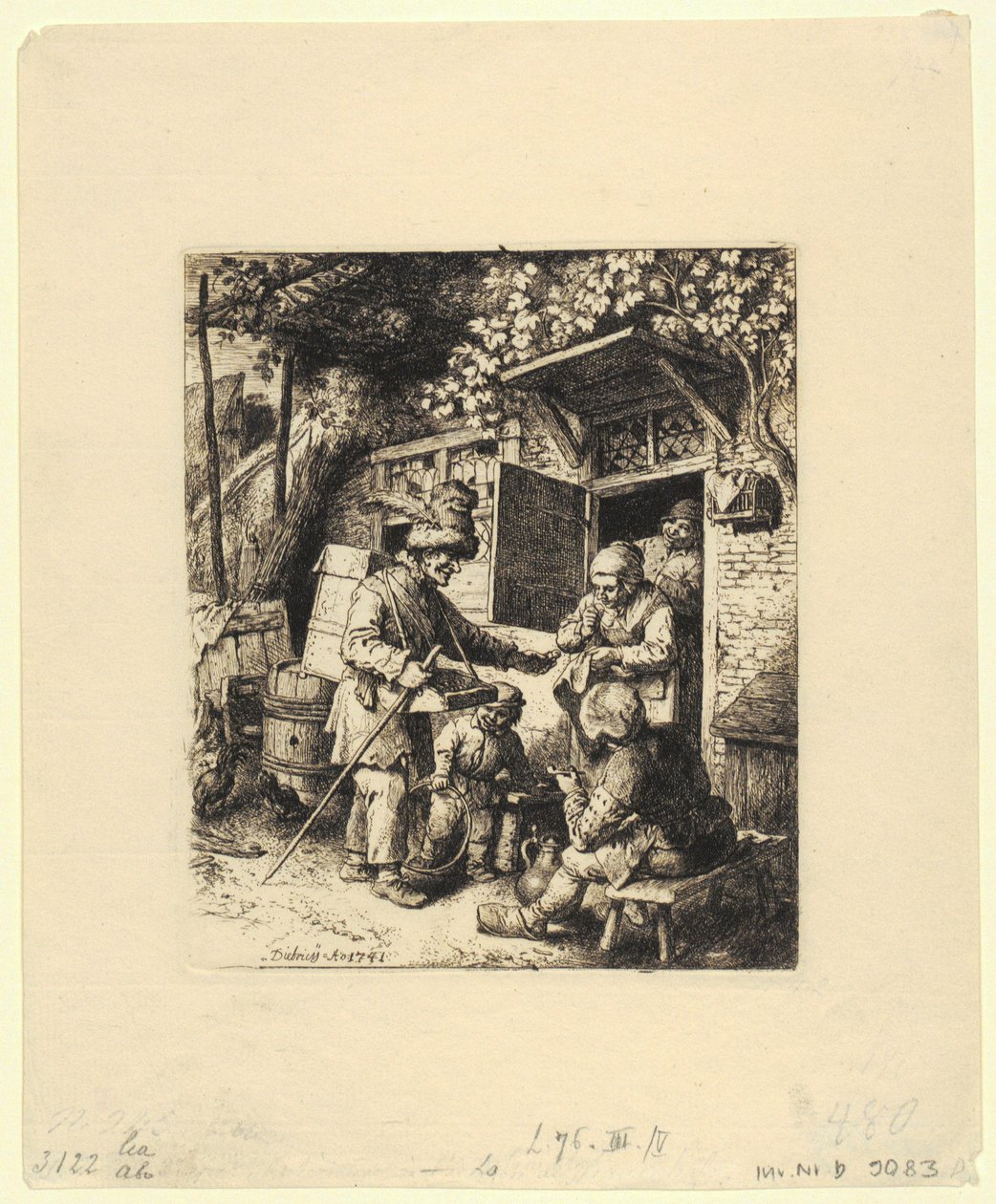 Figura de meio corpo de um homem sentado com chapéu de plumas e óculos na mão esquerda de Christian Wilhelm Ernst Dietrich