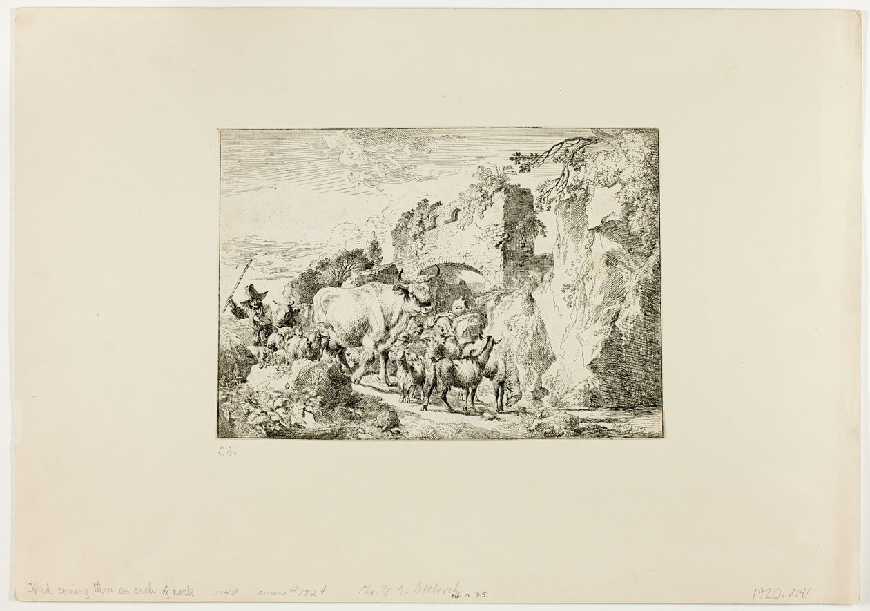 Rebanho vindo através de um arco de rocha de Christian Wilhelm Ernst Dietrich