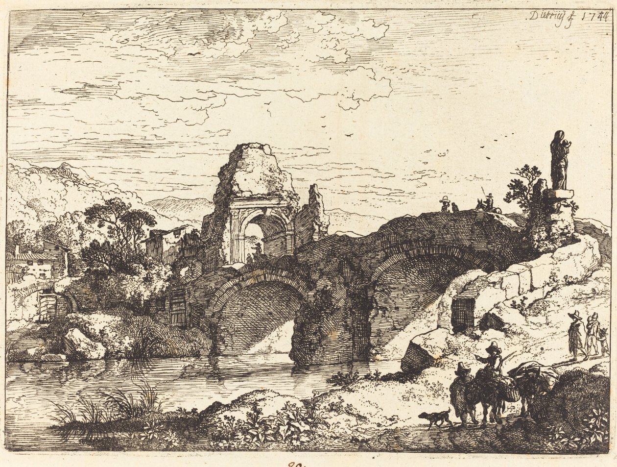 Paisagem com uma ponte e uma torre em ruínas de Christian Wilhelm Ernst Dietrich