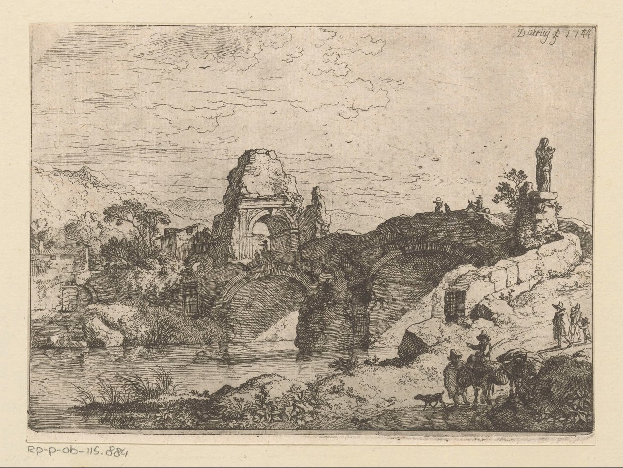 Paisagem com a ruína de um portão junto a uma ponte dilapidada de Christian Wilhelm Ernst Dietrich