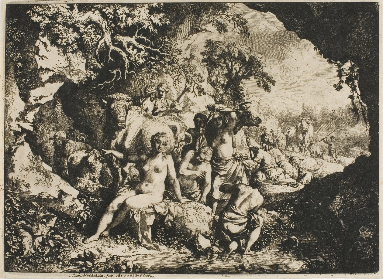 Ninfas tomando banho perto de uma caverna de Christian Wilhelm Ernst Dietrich