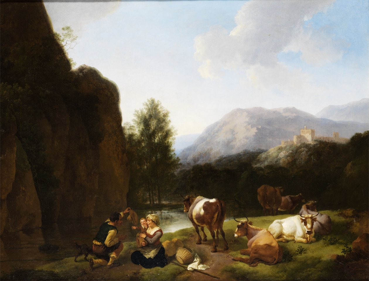 Família em repouso ao lado de vacas junto a um rio de Christian Wilhelm Ernst Dietrich