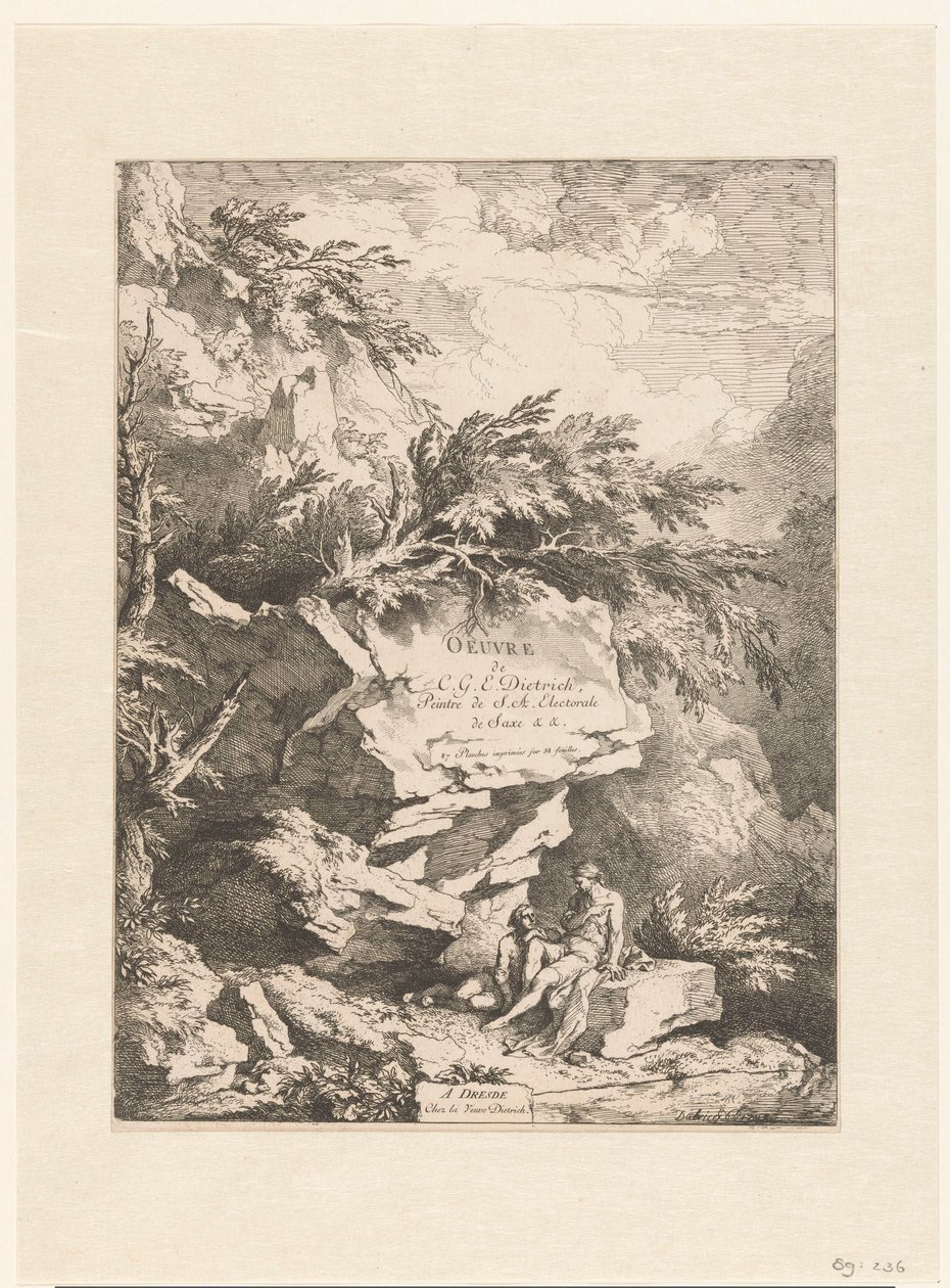 Paisagem rochosa com duas figuras a repousar sobre uma pedra
Oeuvre de C. G. E. Dietrich (título da série)
Oeuvre de C. G. E. Dietrich, Peintre de S. A. Electorale de Saxe (...) (título da série sobre o objecto) de Christian Wilhelm Ernst Dietrich