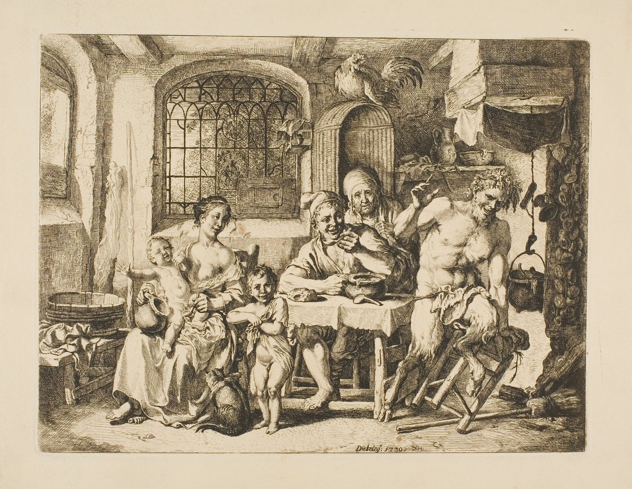 Sátira em casa de camponês, ao estilo de Jordaens de Christian Wilhelm Ernst Dietrich