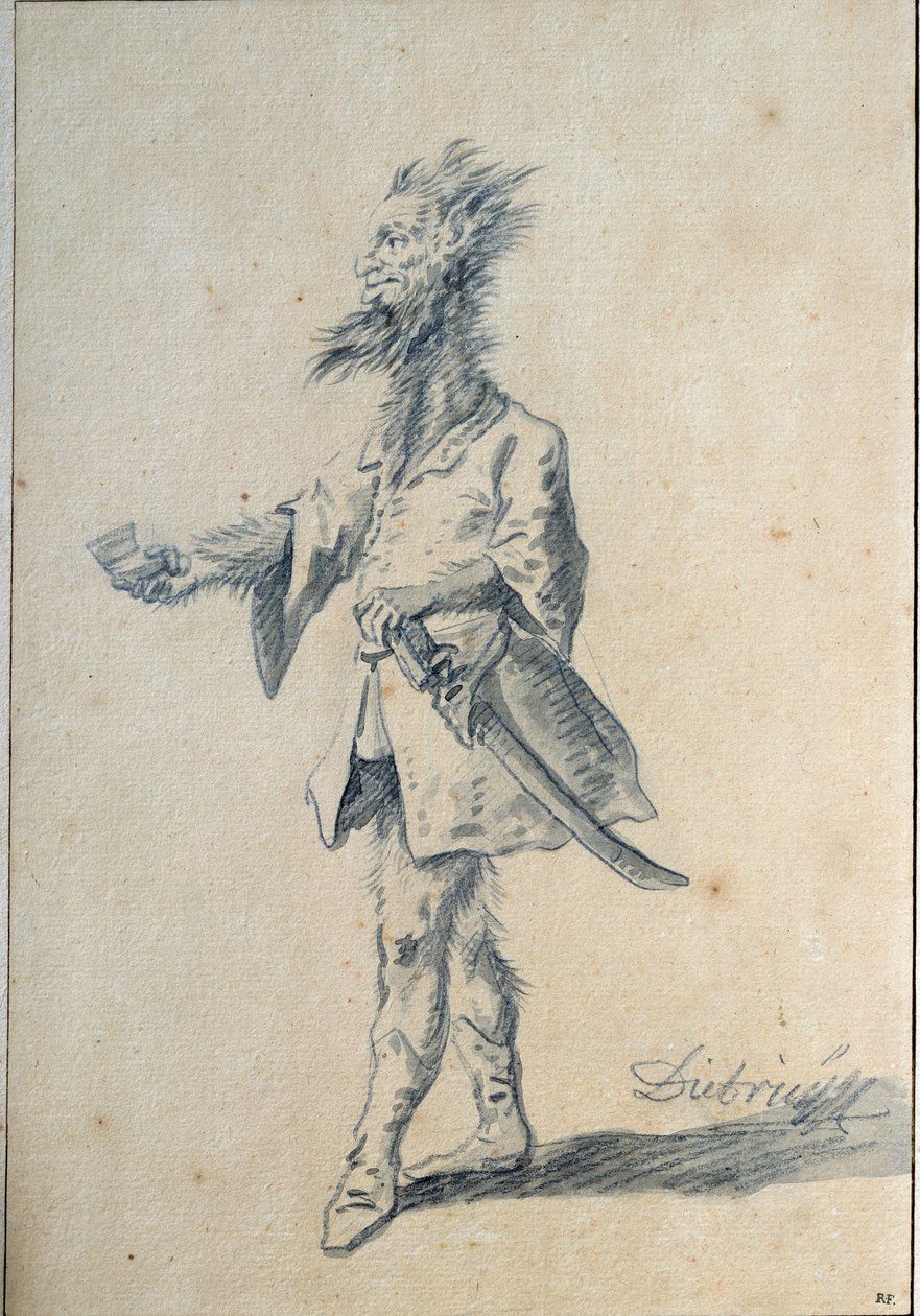 O homem selvagem Caricatura retratando um homem monstruoso com um pescoço longo e peludo e orelhas fendidas. Lavis por Christian Wilhelm Ernst Dietrich (1712-1774) Sol do século XVIII. 0,3x0,2 m Paris, musee du Louvre de Christian Wilhelm Ernst Dietrich