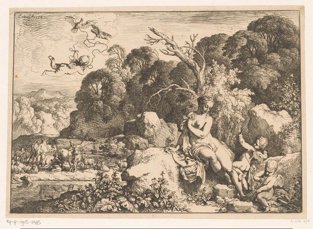 Vénus sentado sobre uma rocha, acompanhado por três putti de Christian Wilhelm Ernst Dietrich