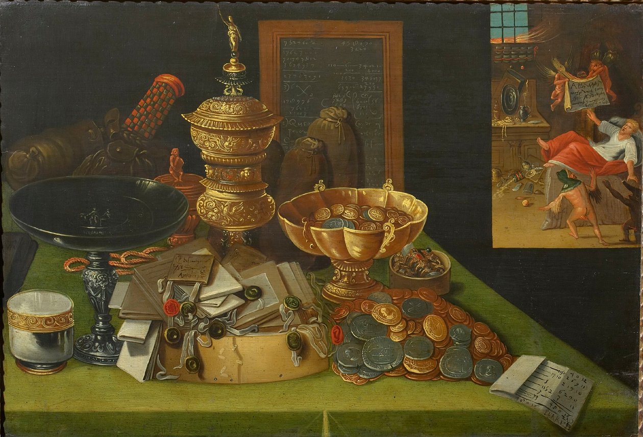 Alegoria das riquezas mundanas com a cena da morte do homem rico, c. 1600. de Christian van den Perre