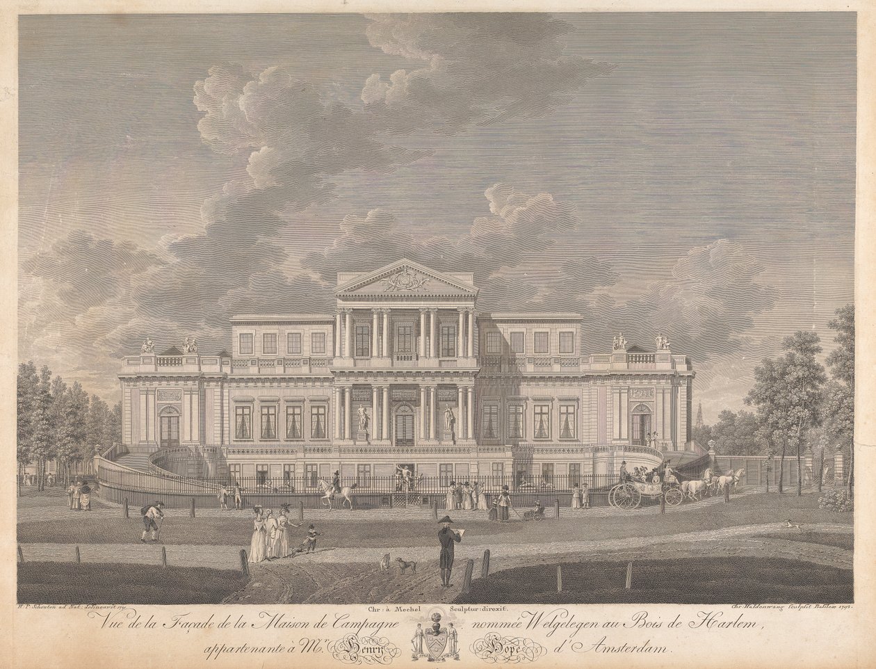 Welgelegen: Vista da Frente da Casa de Campo chamada Welgelegen em Harlem Wood, Pertencente ao Sr. Henry Hope de Amesterdão de Christian von Mechel