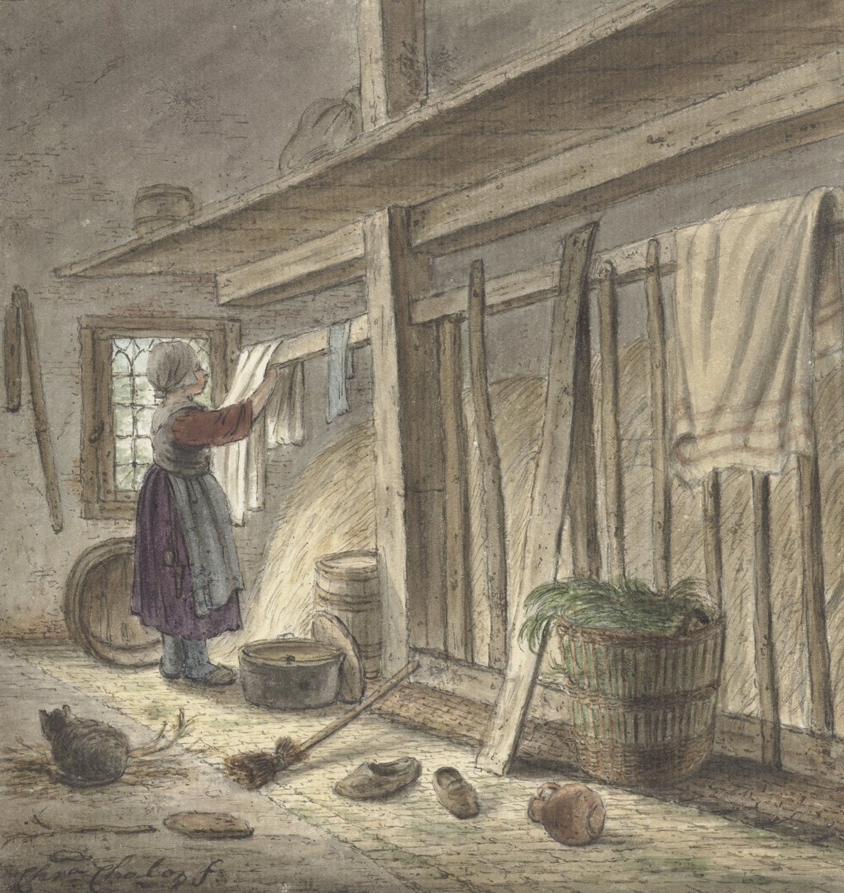 Canto de um estábulo com uma garota que pendura um pano (1772) por Christina Chalon de Christina Chalon