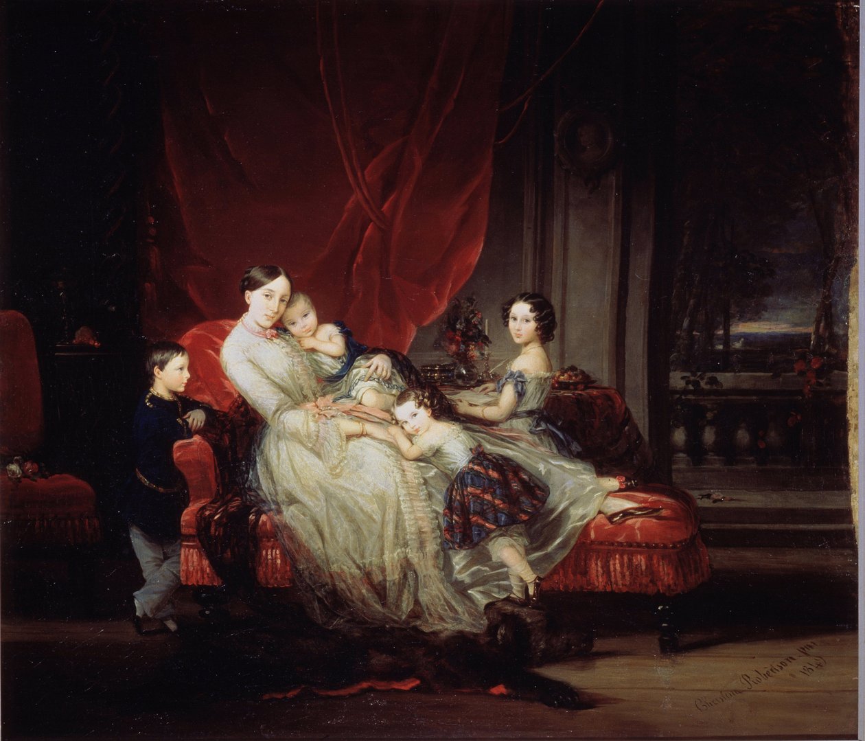 "Retrato da Grã-Duquesa Mary Nikolaievna da Rússia (1819-1876) com quatro dos seus filhos (Mary, Nicholas, Eugenie e Eugene bebe) Pintura de Christina Robertson (1796-1854) 1849 Museu Estatal Russo, SAint Petersburg de Christina Robertson