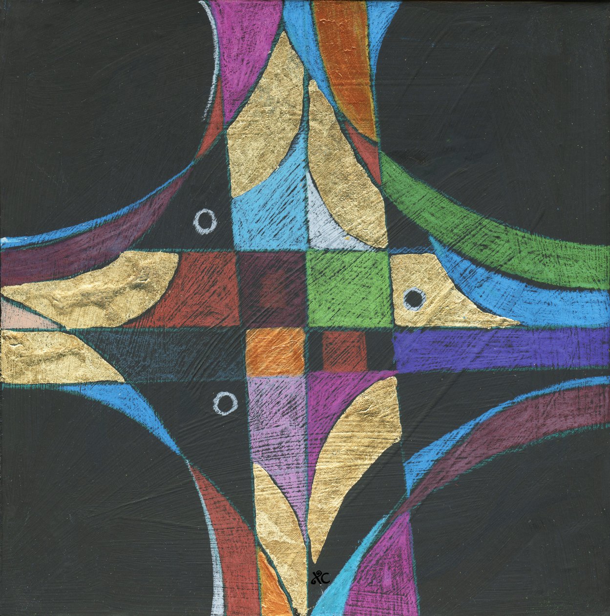 Sign Of The Cross, c. 2013 (acrílico e lápis de cor com folha de ouro sobre painel) de Christina Saj