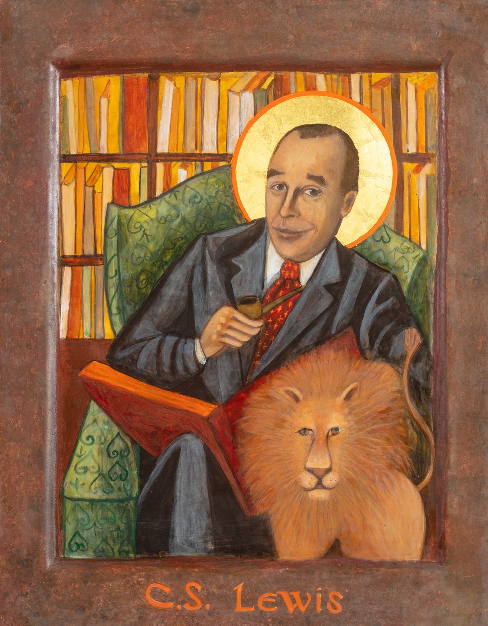 C. Ícone de C. S. Lewis, 2021 (têmpera de ovo, folha de ouro, madeira) de Christine Hales