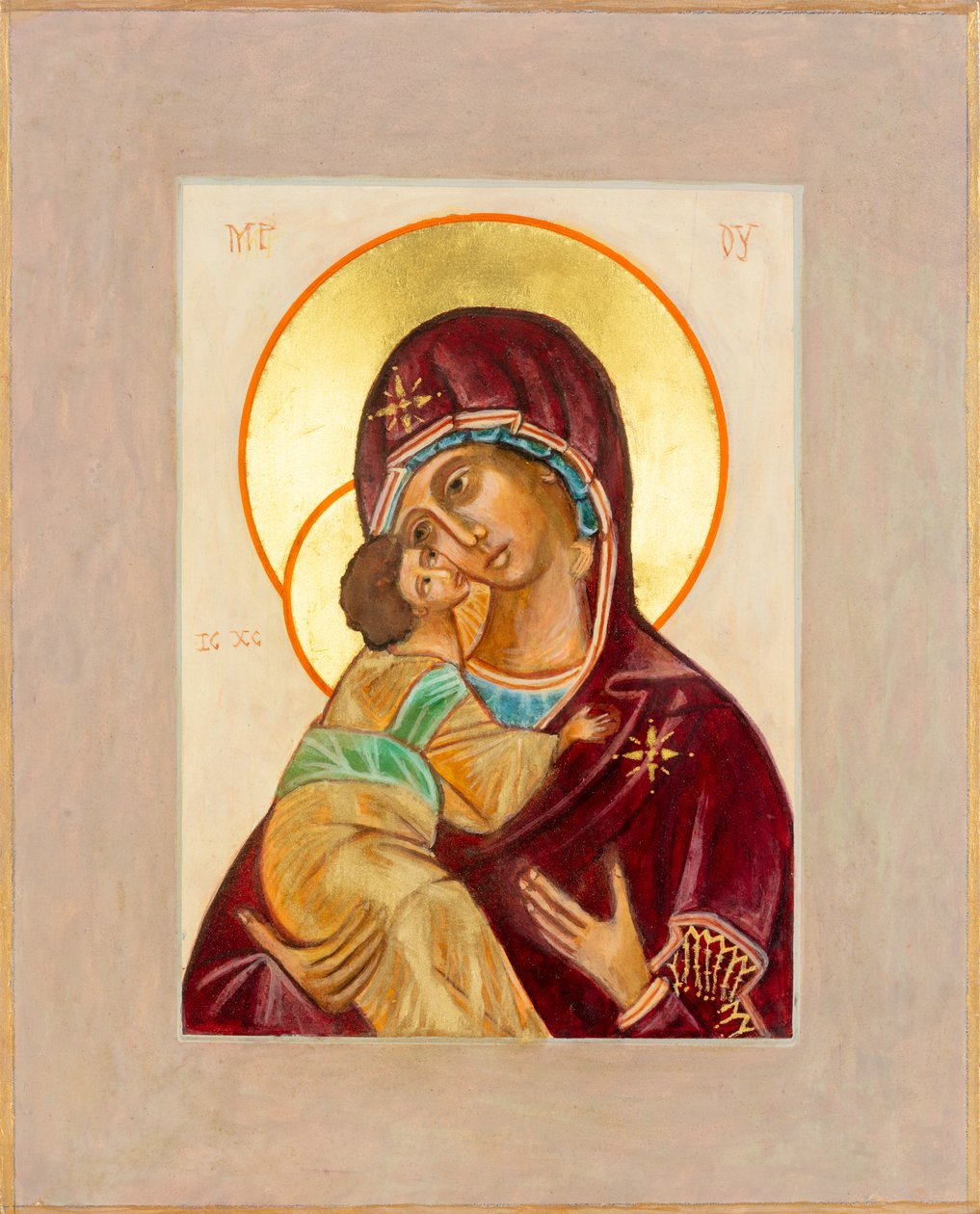 Ícone da Madona e do Menino, 2012 (têmpera de ovo sobre madeira, folha de ouro) de Christine Hales