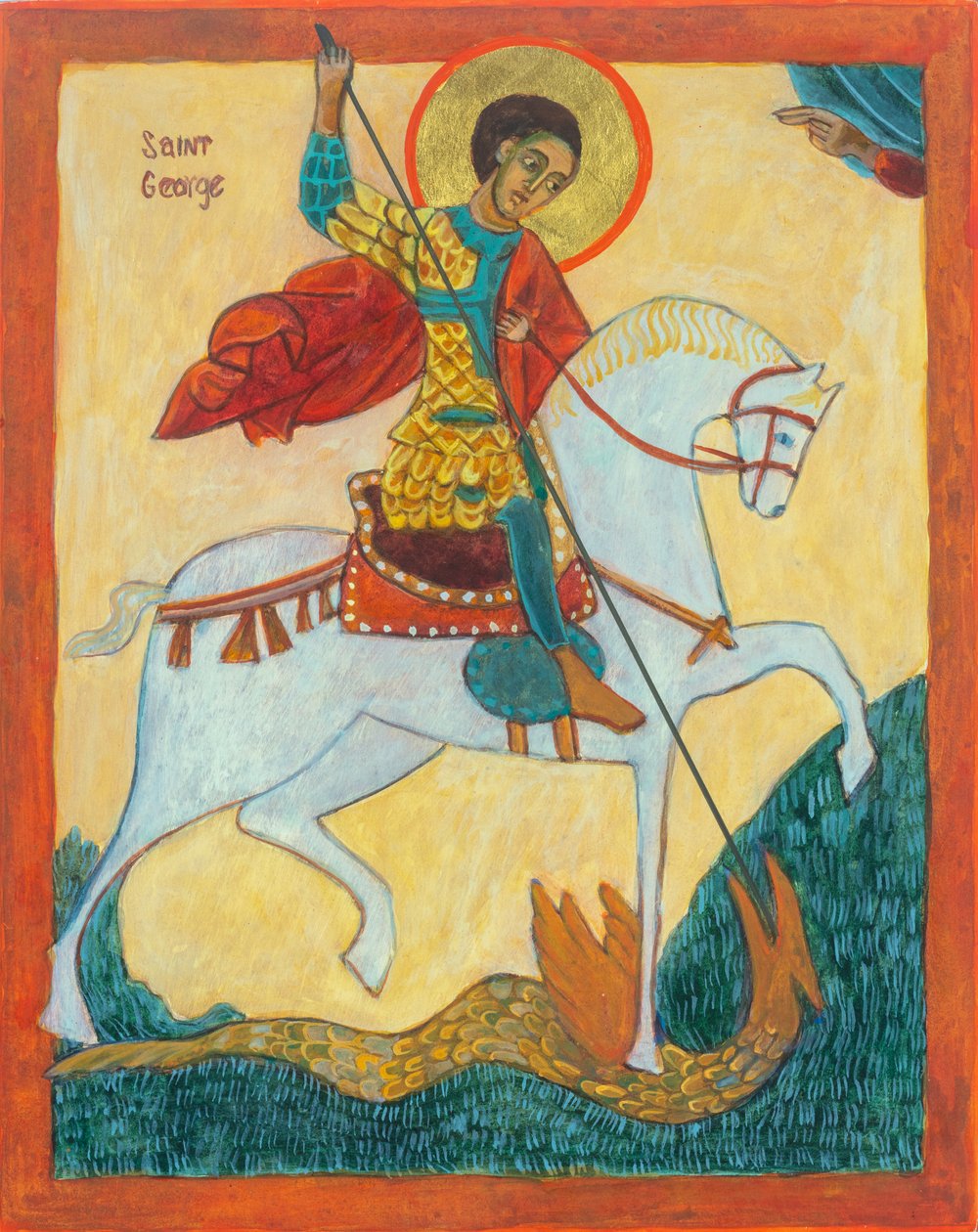 São Jorge e Dragão, 2012 (têmpera de ovo, folha de ouro, madeira) de Christine Hales