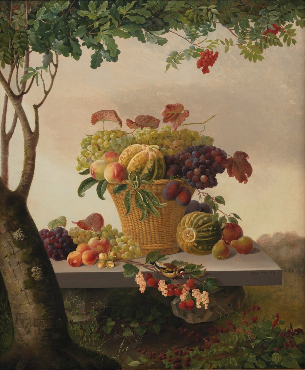 Uma cesta de frutas em uma paisagem de Christine Løvmand