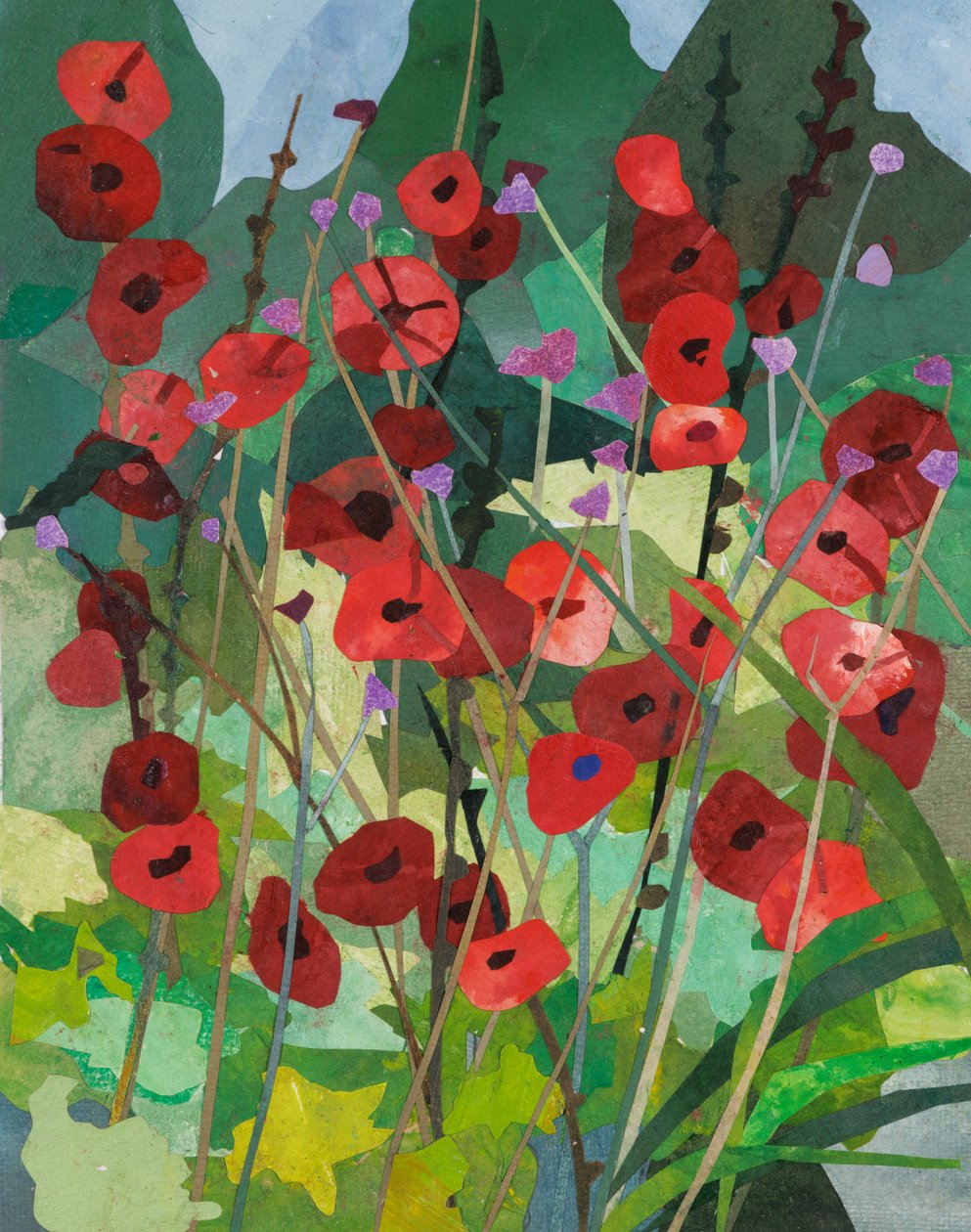 Cornerways Hollyhocks, 2025 (colagem de papel pintado com aguarela) de Christine McKechnie