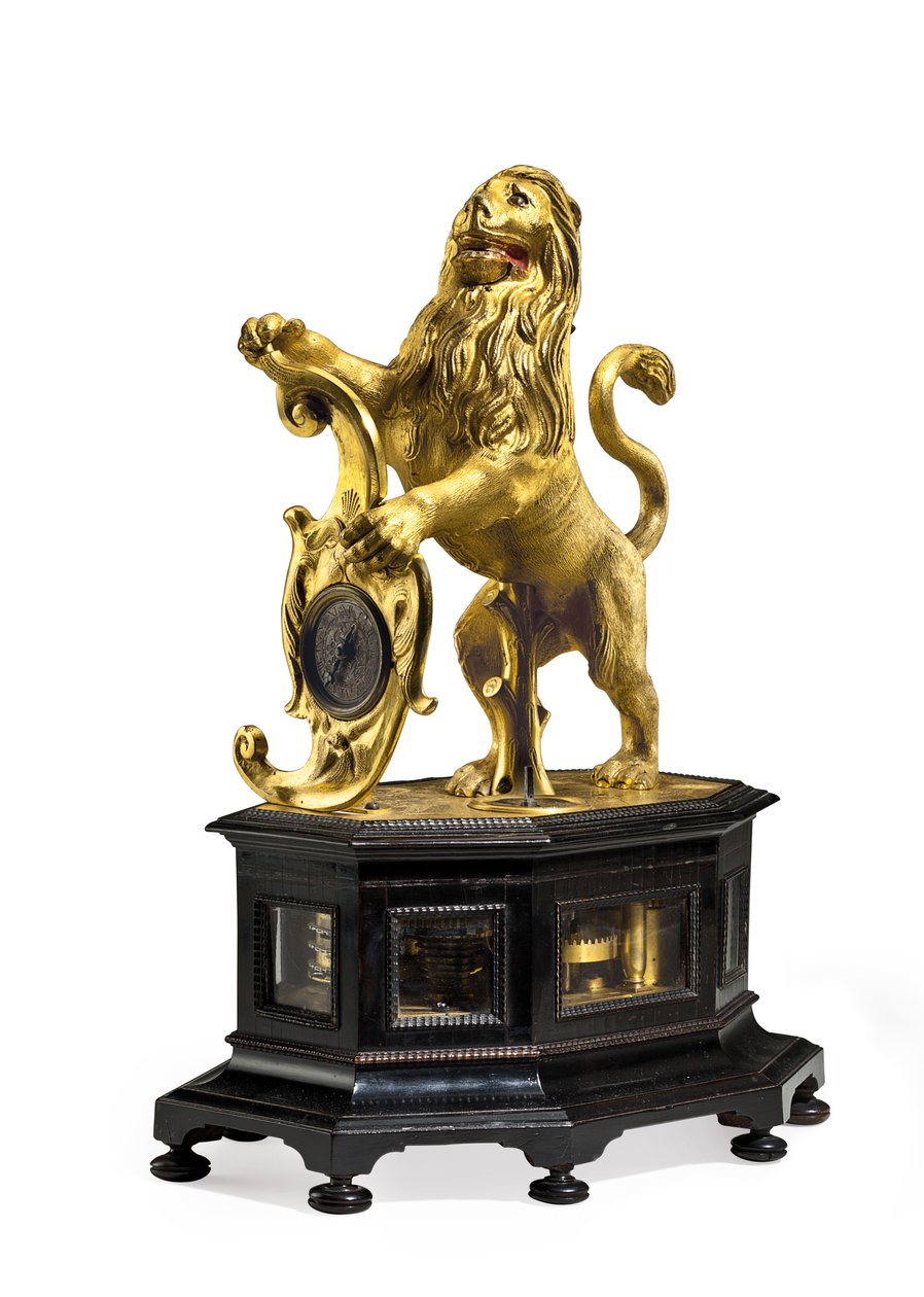 Relógio impressionante e autômato do leão, c.1640 (latão dourado e ébano) de Christoff Miller